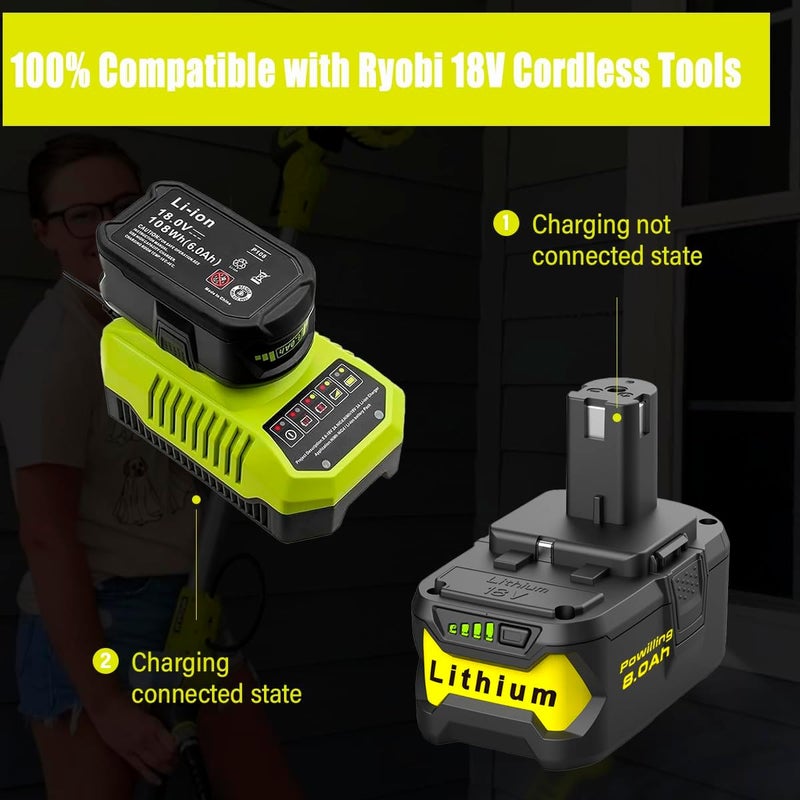Powilling Upgraded 8.0Ah 2Packs P108 Replacement for Ryobi 18V Battery, 18 Volt Lithium ion Batteries for Ryobi One 18V Cordless Tools P108 P107 P105 P104 P103 P102 - Image 5